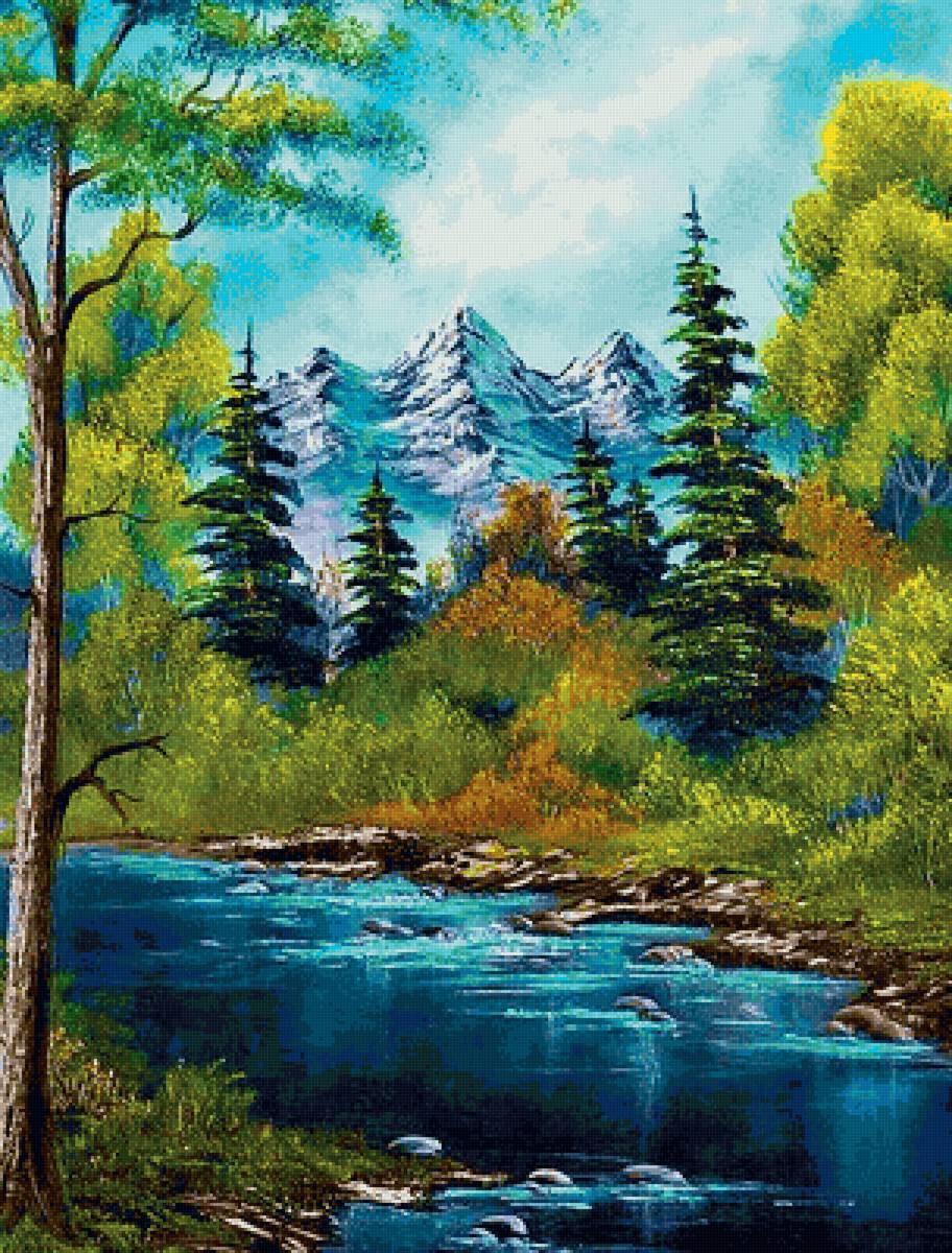 Пейзаж - лес, река, пейзаж, горы. - предпросмотр