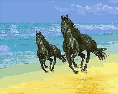 Кони скачут по берегу - небо, волны, берег, кони, море - оригинал