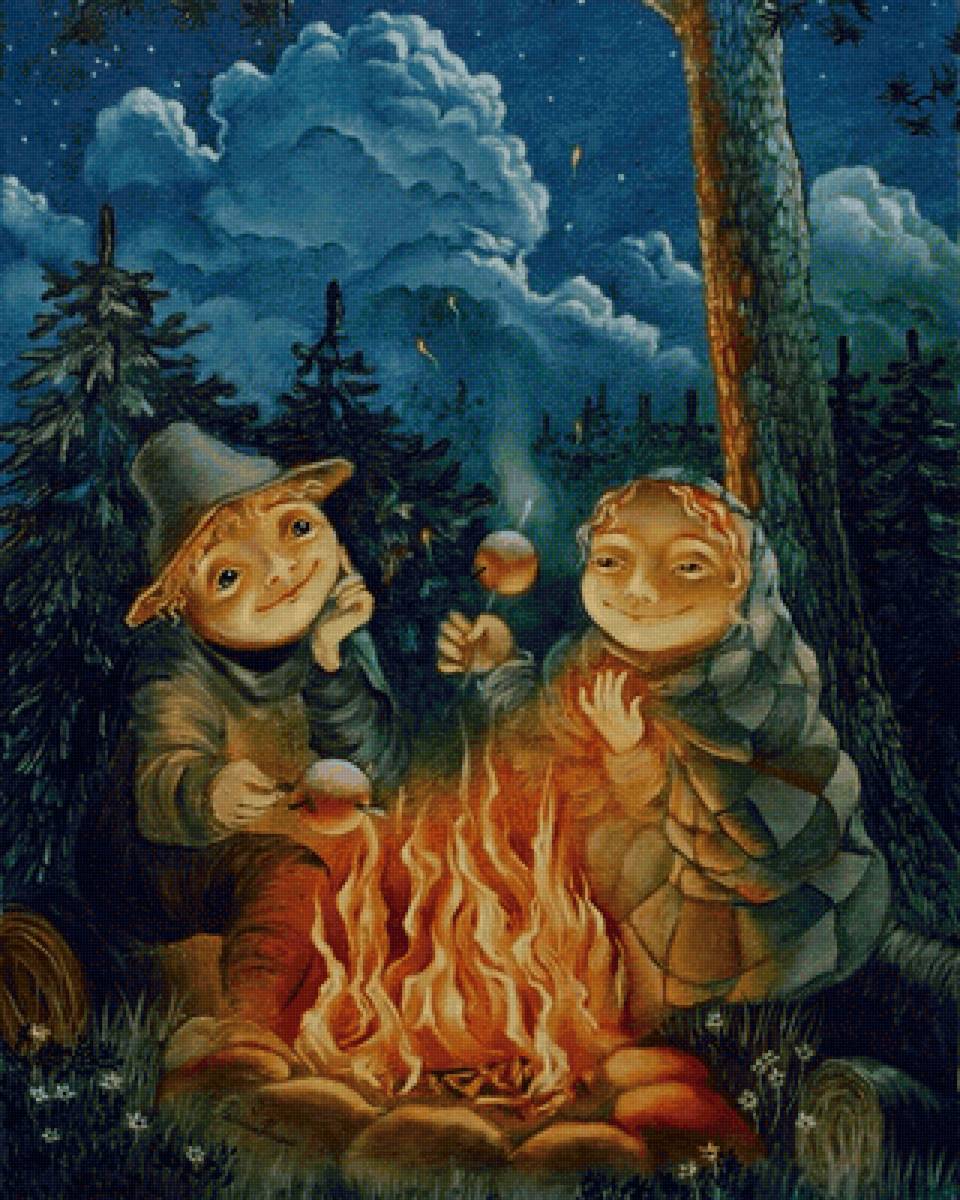 у костра - лес, костер, фэнтези, люди - предпросмотр