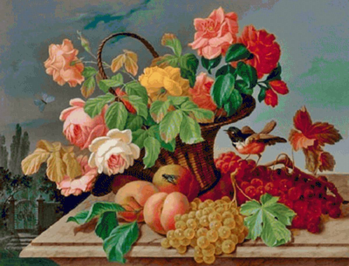 Cesta de rosas e frutas. - flores.frutas pássaro - предпросмотр