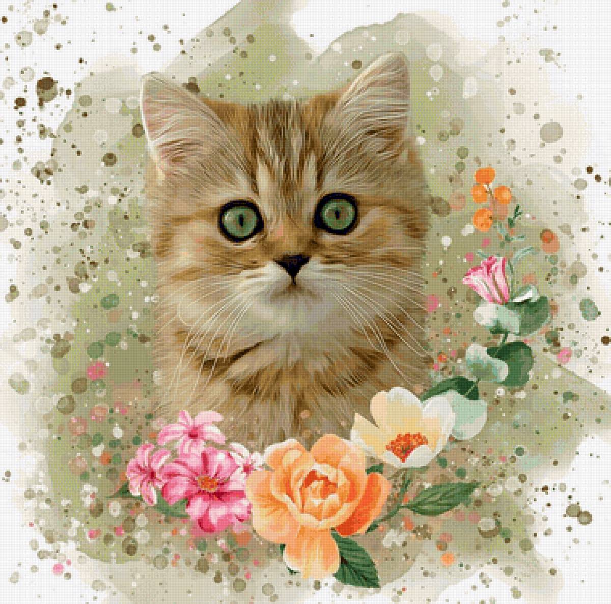 Gato. - animais.pintura.flores. - предпросмотр