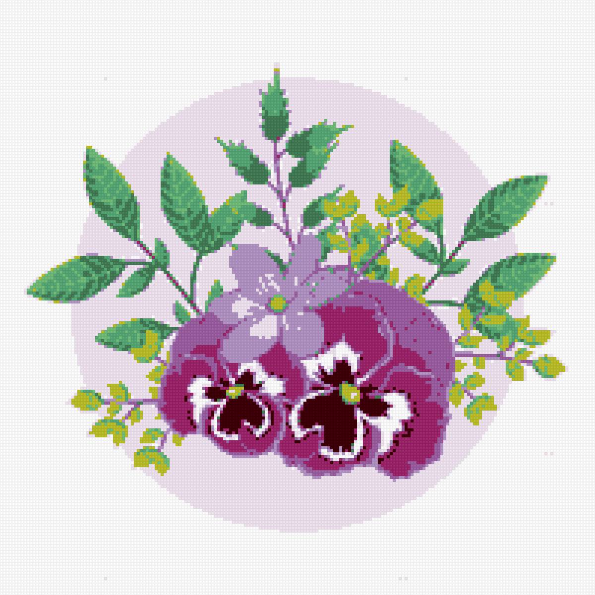 Букетик с фиалками - фиолетовые фиалки с желтыми цветочками, простая схема - предпросмотр