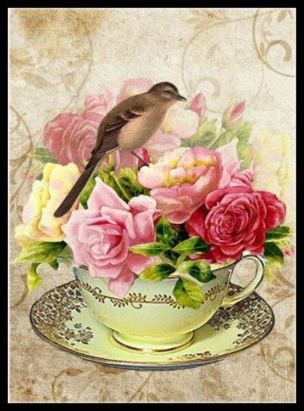 Цветы в чашке - птица, винтаж, чашка, цветы - оригинал