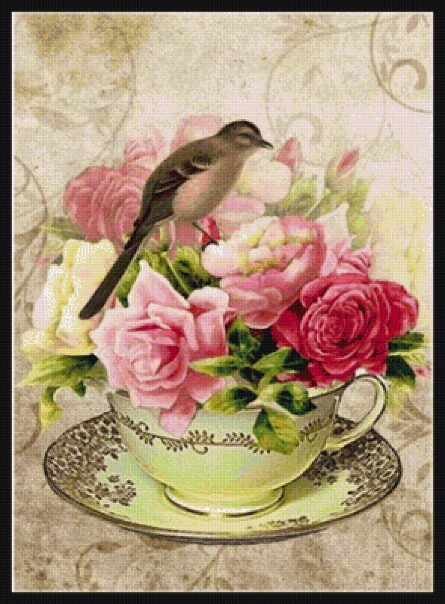 Цветы в чашке - птица, винтаж, чашка, цветы - предпросмотр