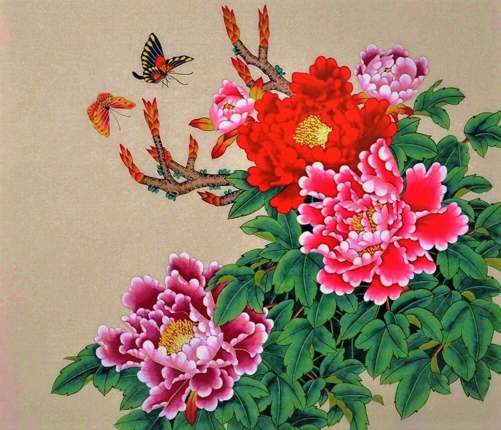 Китайская живопись. Пионы - бабочки, живопись, цветы, пионы, китайская живопись - оригинал