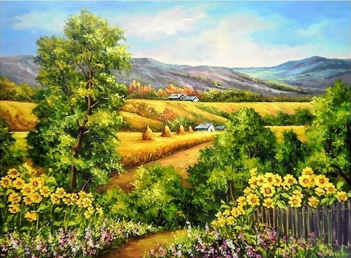 Paisagem. de  primavera, - flores.vila.montanhas.paisagens. - оригинал
