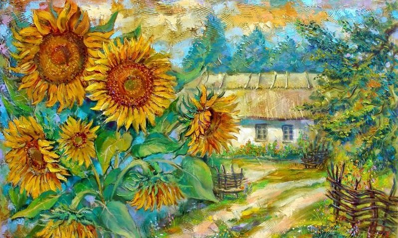 Casa com girassóis - casa .flores .girassóis. - оригинал