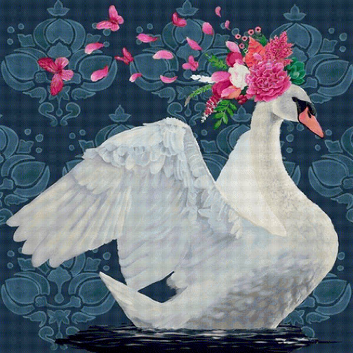 Cisnes. - aves.pintura.flores. - предпросмотр
