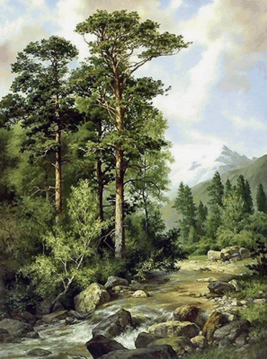 пейзаж - лес, река, горы - предпросмотр