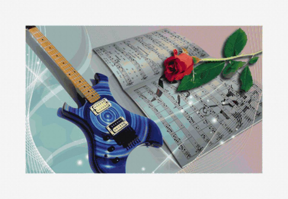 Гитара ноты роза - роза, натюрморт, музыкальные инструменты - предпросмотр