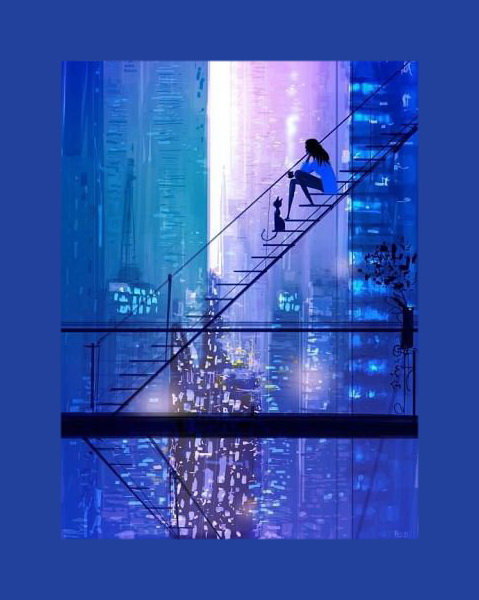 одиночество в городе - женщина, лестница, кошка, городской пейзаж - оригинал