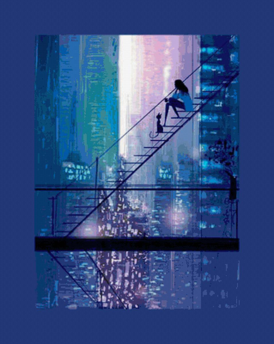 одиночество в городе - лестница, городской пейзаж, кошка, женщина - предпросмотр