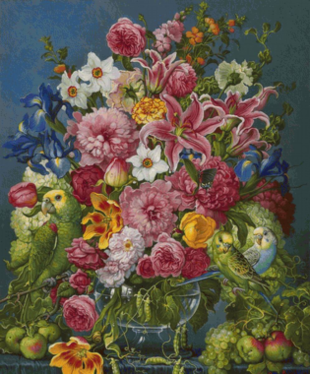 Boque de flores e pássaro. - pássaro.flores.frutas. - предпросмотр