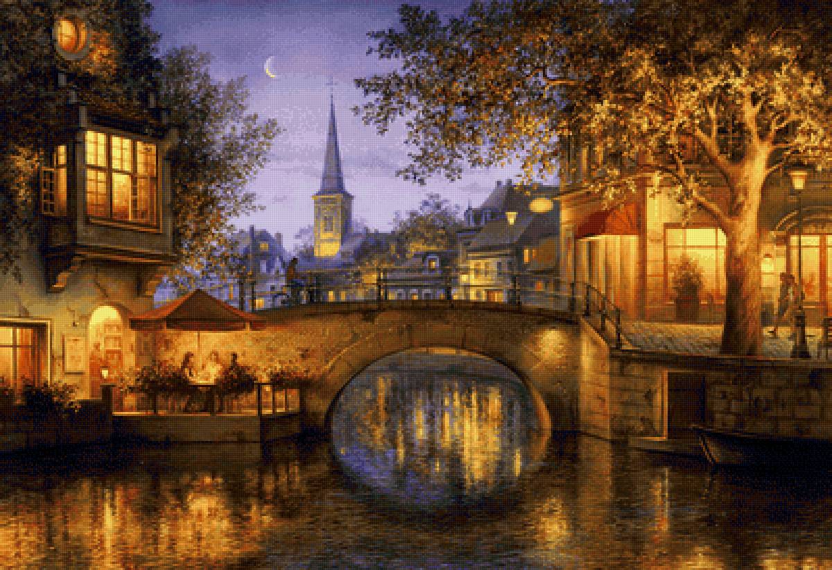 Вечер - вечер, кафе, река, мост - предпросмотр