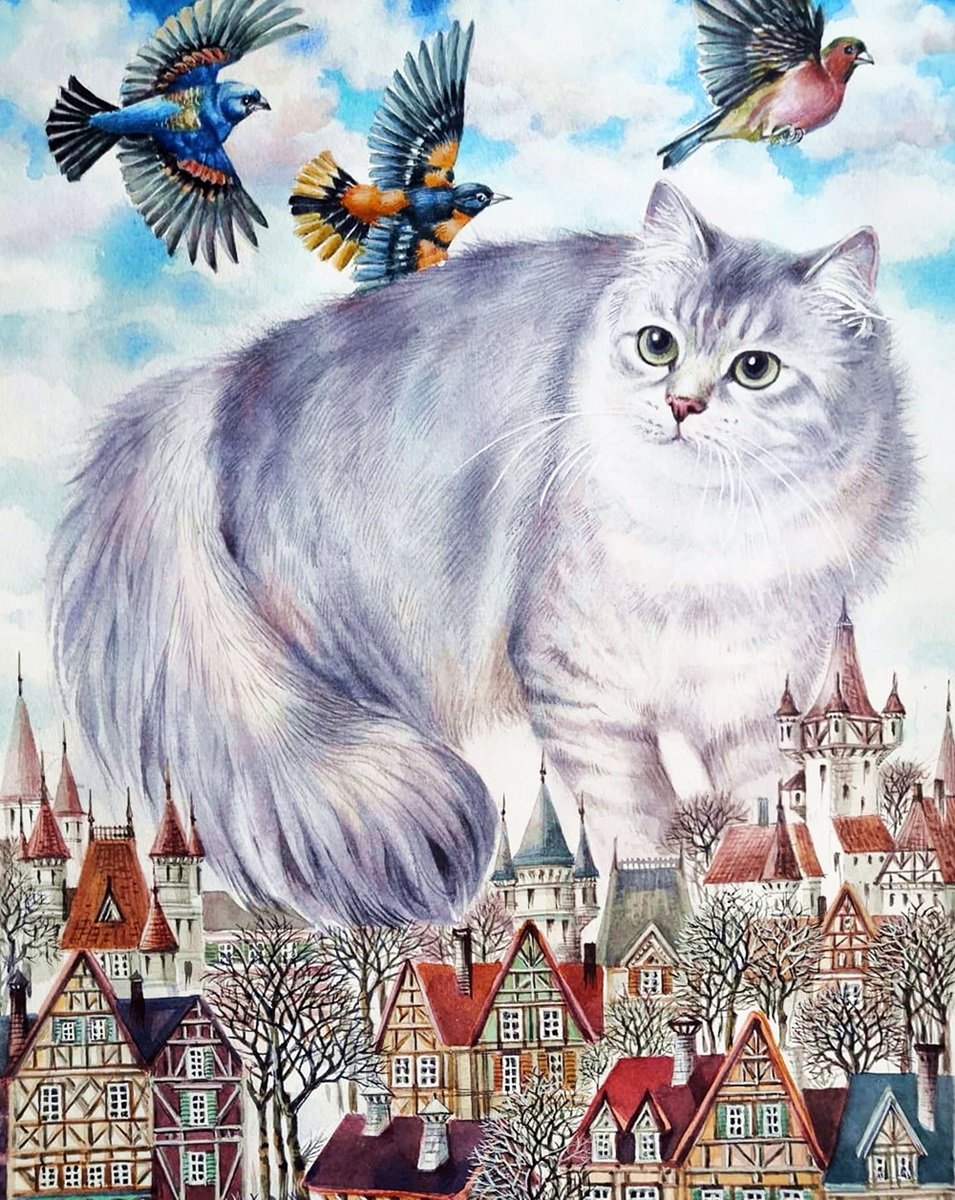 Gato. - animais. ilustração .inverno .pássaros cidade. - оригинал