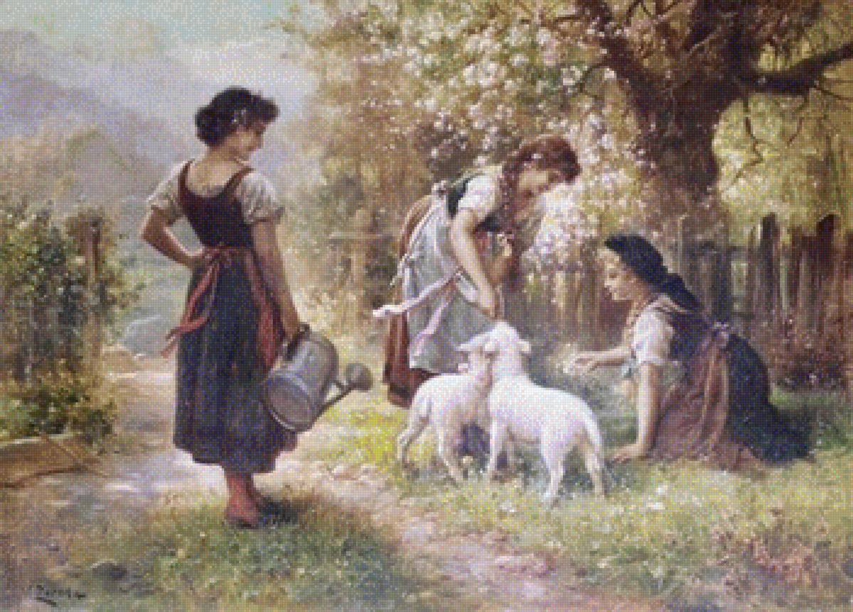 girl with sheep - animals, sheep, children, girls - предпросмотр