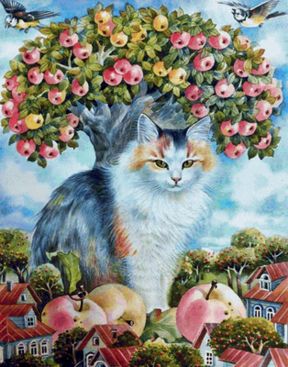 Gato. - animais.frutas. pomar .casas. ilustração. - предпросмотр