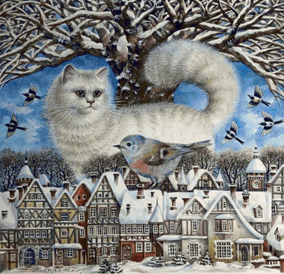 Gato. - animais. ilustração .cidade. pássaros. - предпросмотр