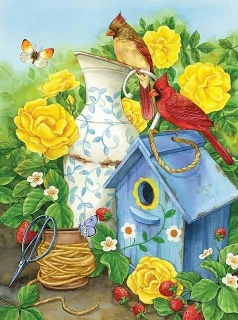 Pássaro  e  flores. - flores., pássaro - оригинал