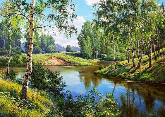 Природа(художник  Игорь Прищепа) - березы, река, природа - оригинал