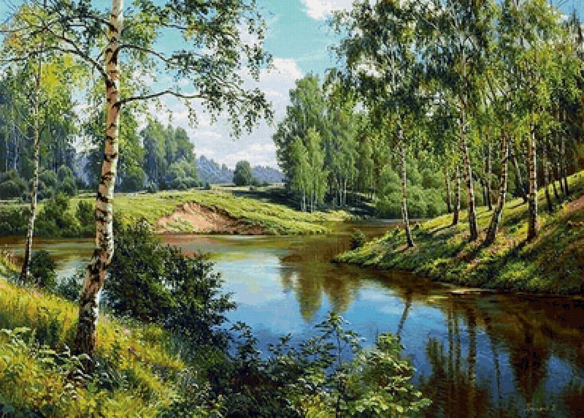 Природа(художник  Игорь Прищепа) - природа, река, березы - предпросмотр