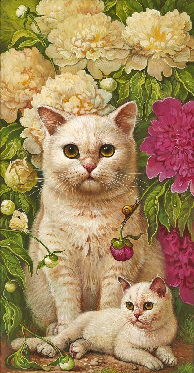 Gatos e flores. - animais.flores. - оригинал