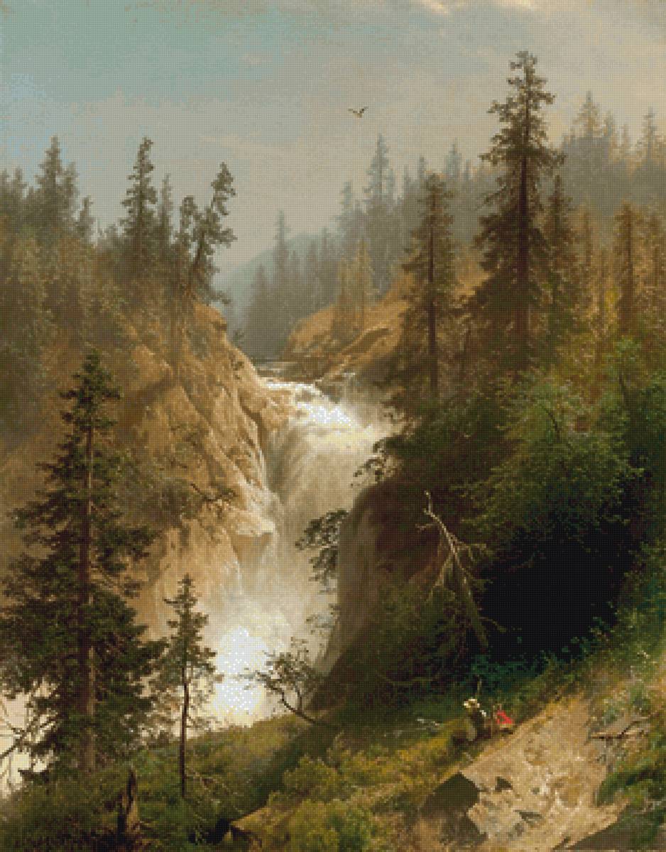 Горная река - лес, природа, горы, речка, живопись - предпросмотр