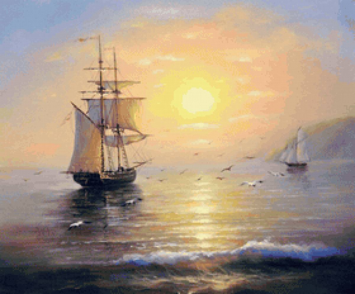 Закат на море - корабль, океан, шхуна, закат, море, парусник - предпросмотр