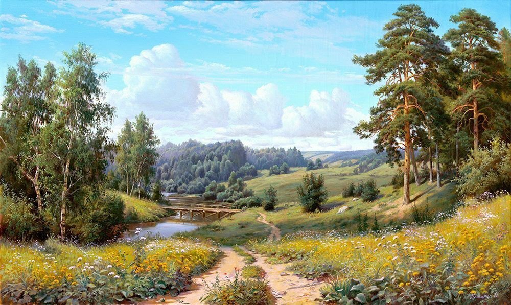 №2343856 - мост(художник прищепа), лес, пейзаж, природа, река - оригинал