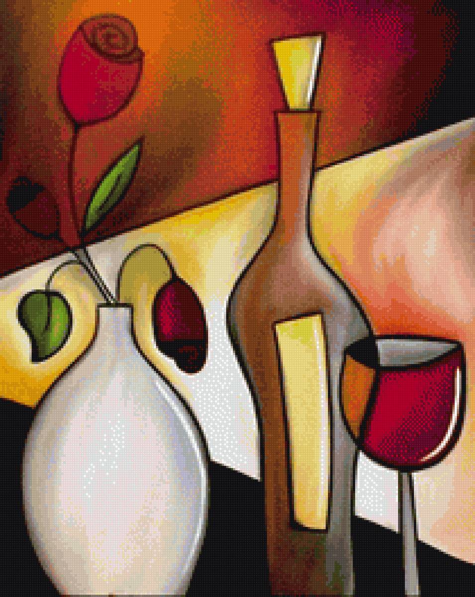 Роза в вазе - роза, бокал, бутылка, натюрморт - предпросмотр