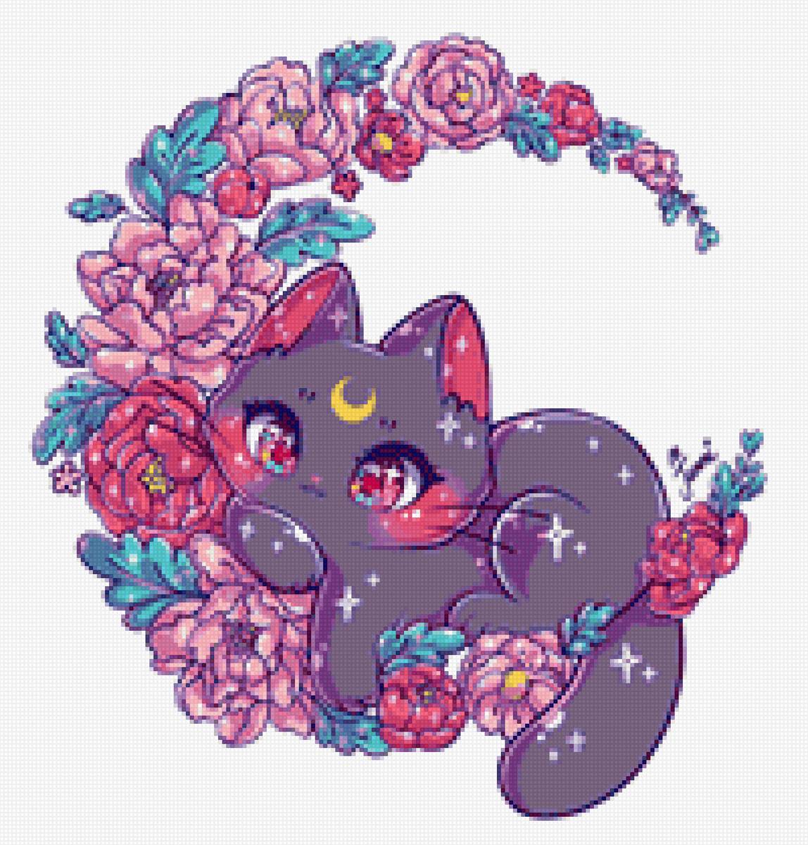 Лунная кошечка - цветы, кошечка, луна - предпросмотр