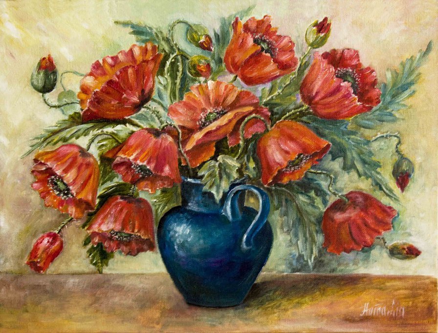 Маки в синей вазе - букет - оригинал
