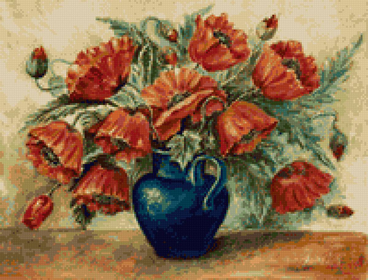 Маки в синей вазе - букет - предпросмотр