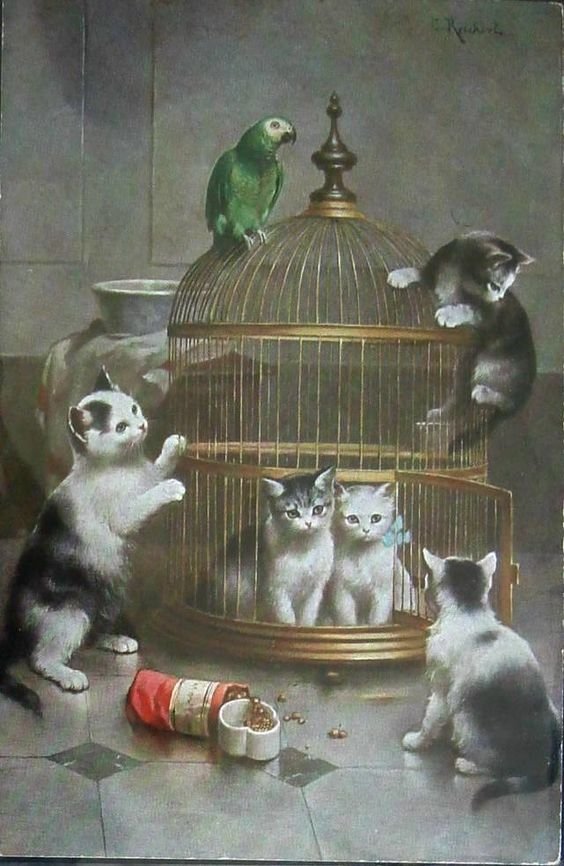 Bird cage - bird, cage, kittens - оригинал