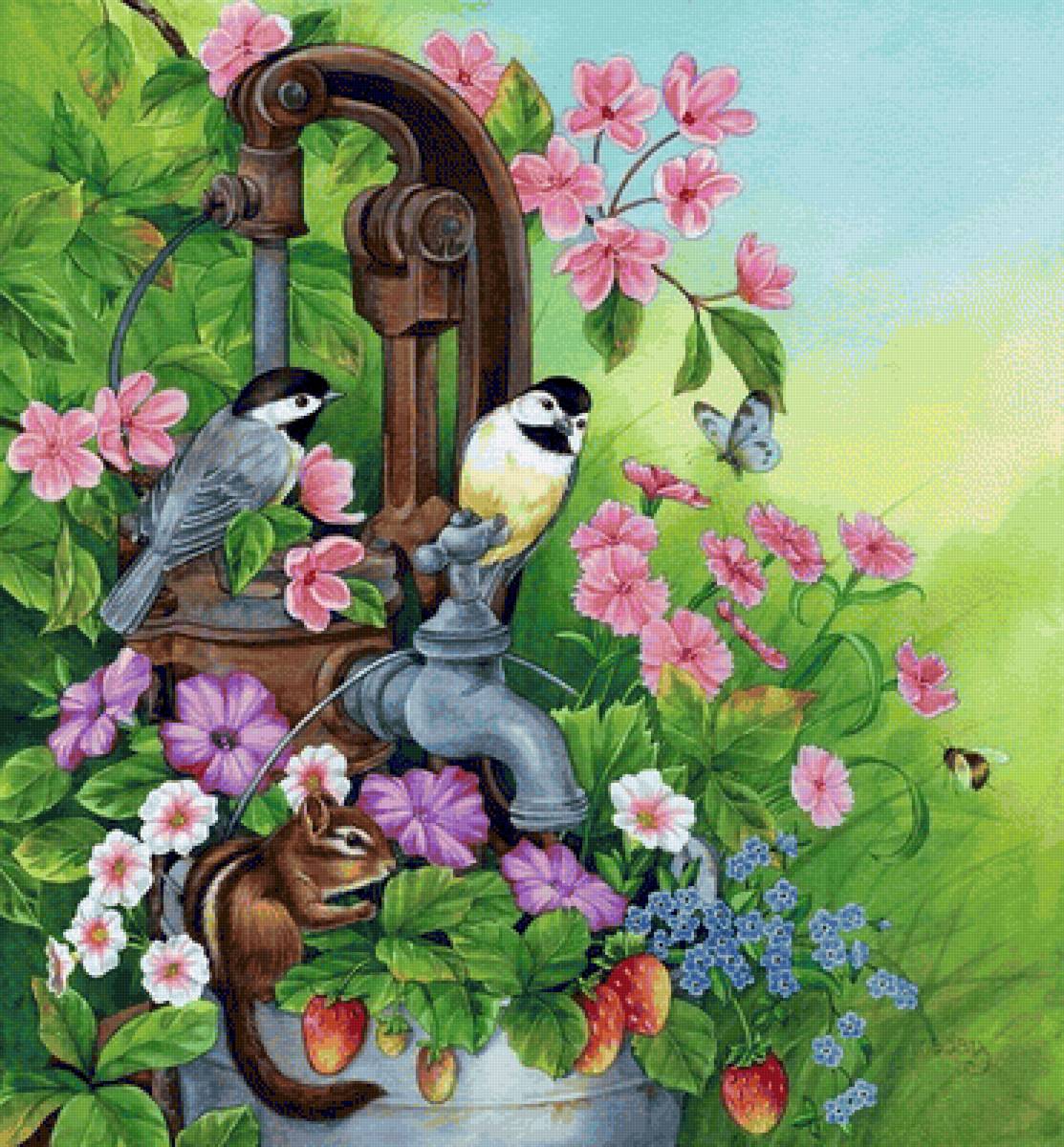 Птицы и цветы - птица, цветы - предпросмотр
