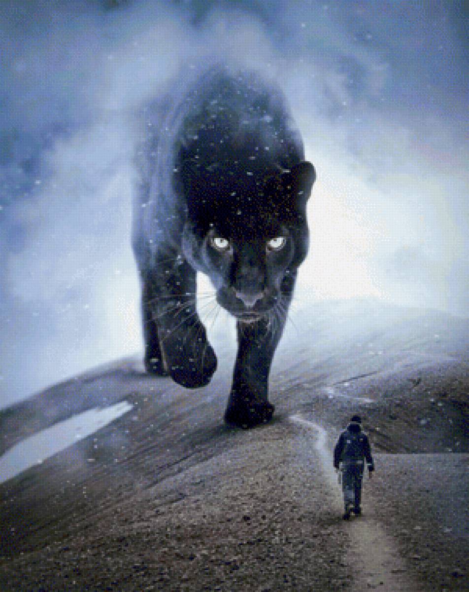 Иллюзия - горы, человек, черная пантера - предпросмотр