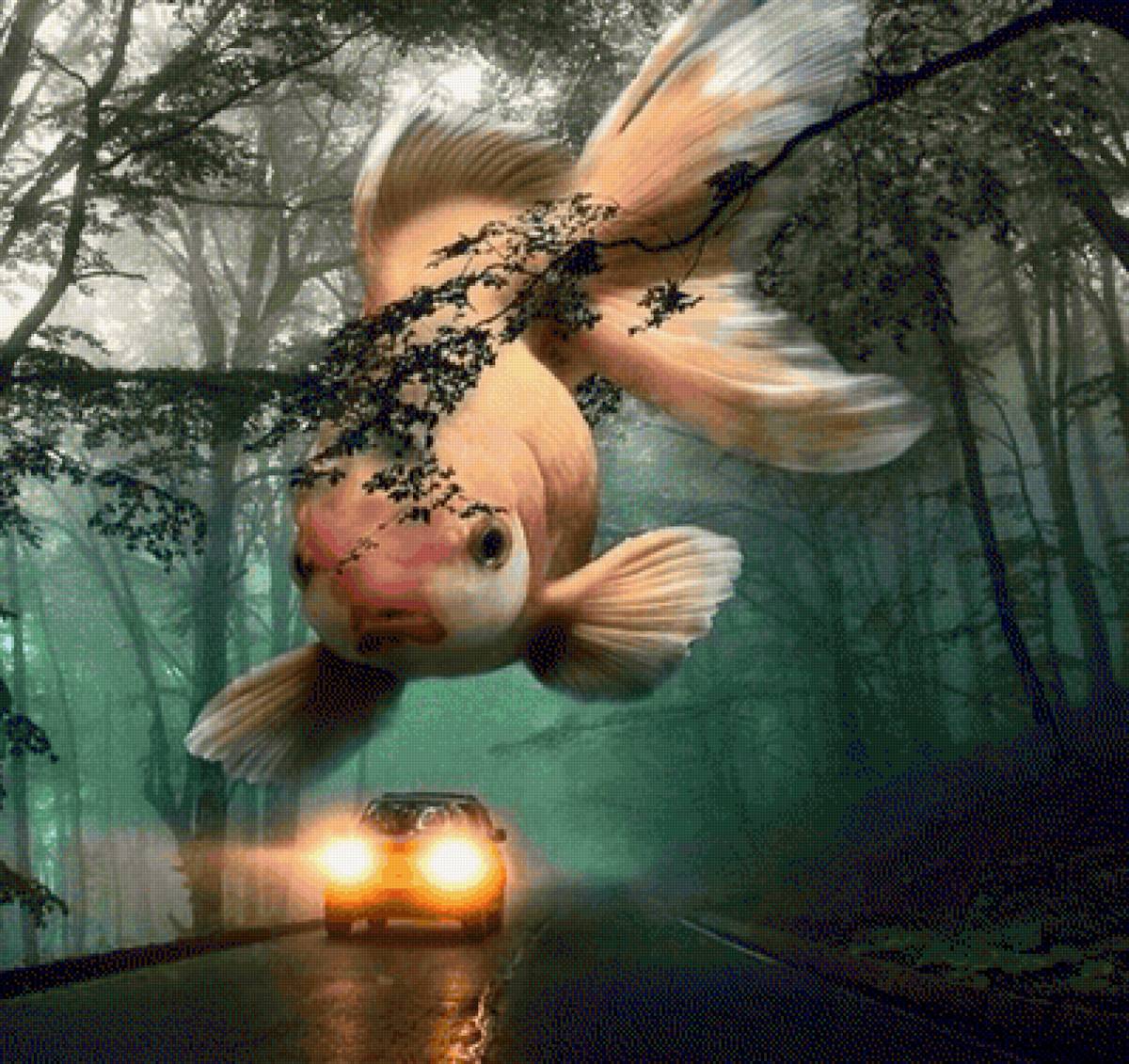 Навстречу к мечте - машина, золотая рыбка, лес - предпросмотр