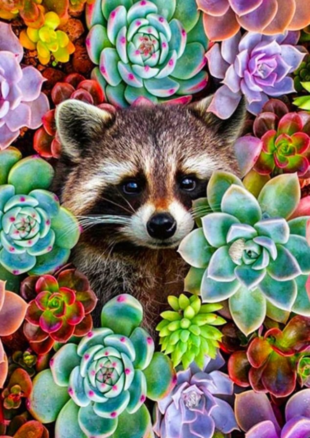Фантазия енотика - цветы, сукуленты, енот - оригинал