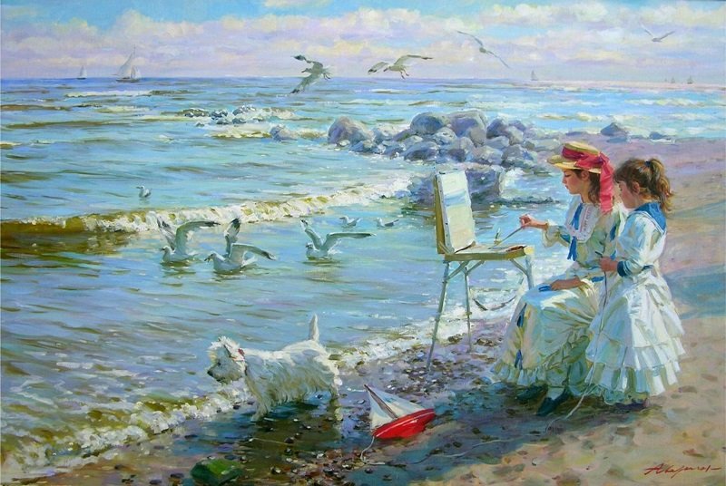 юные художницы - худ. аверин, картина - оригинал