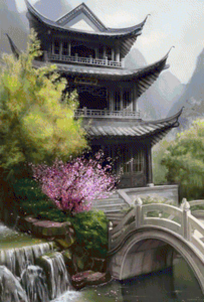 Пагода - китай пагода, вода, деревья, камни - предпросмотр