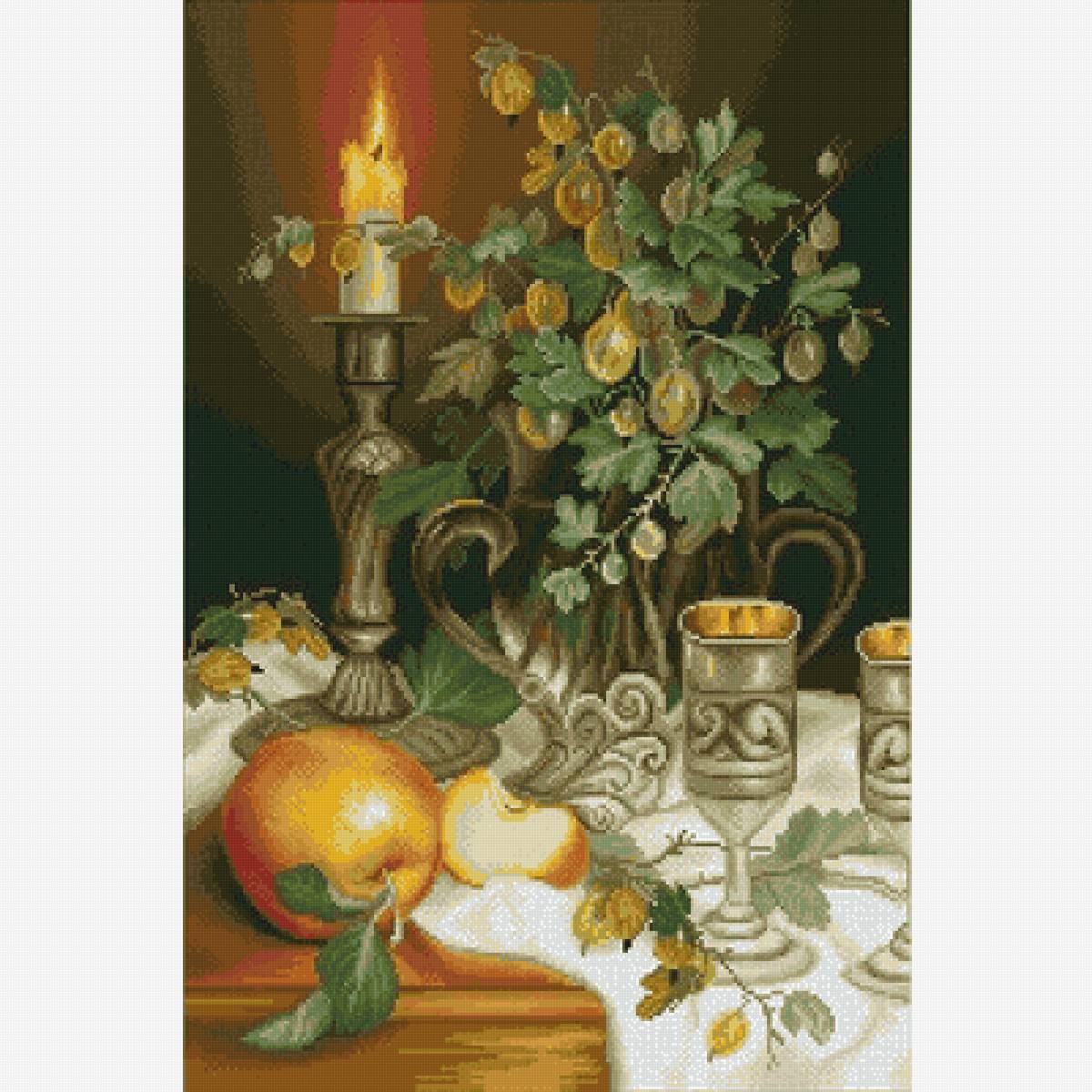 Свеча и крыжовник - натюрморт, свеча, крыжовник - предпросмотр