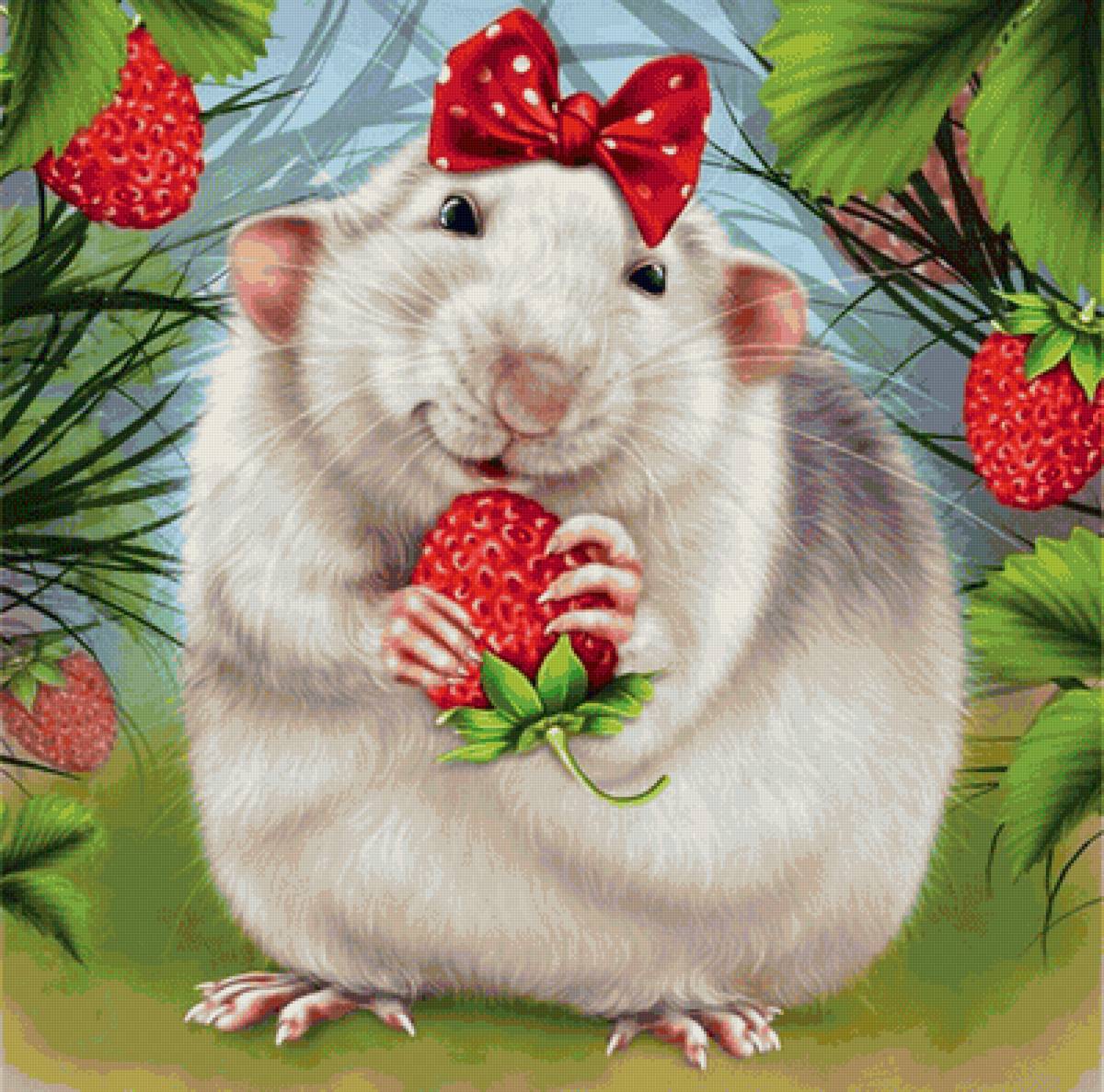 Хомячок с клубничкой - бантик, хомячок, клубника, лето - предпросмотр