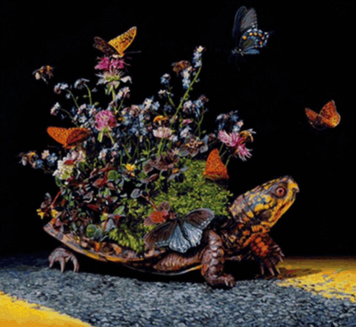 Черепаха - клумба, черепаха, бабочки, цветы - предпросмотр