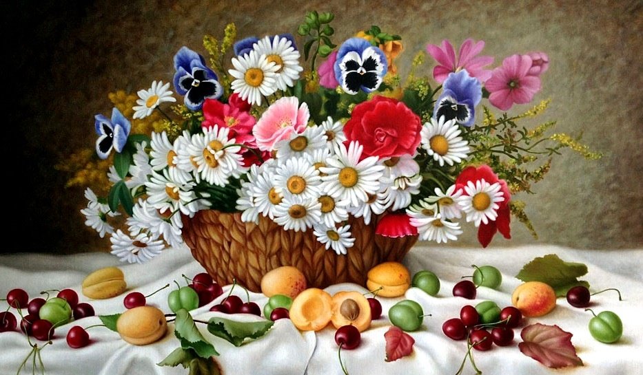 Mesa,decorada.com flores e frutas. - flores. frutas . - оригинал