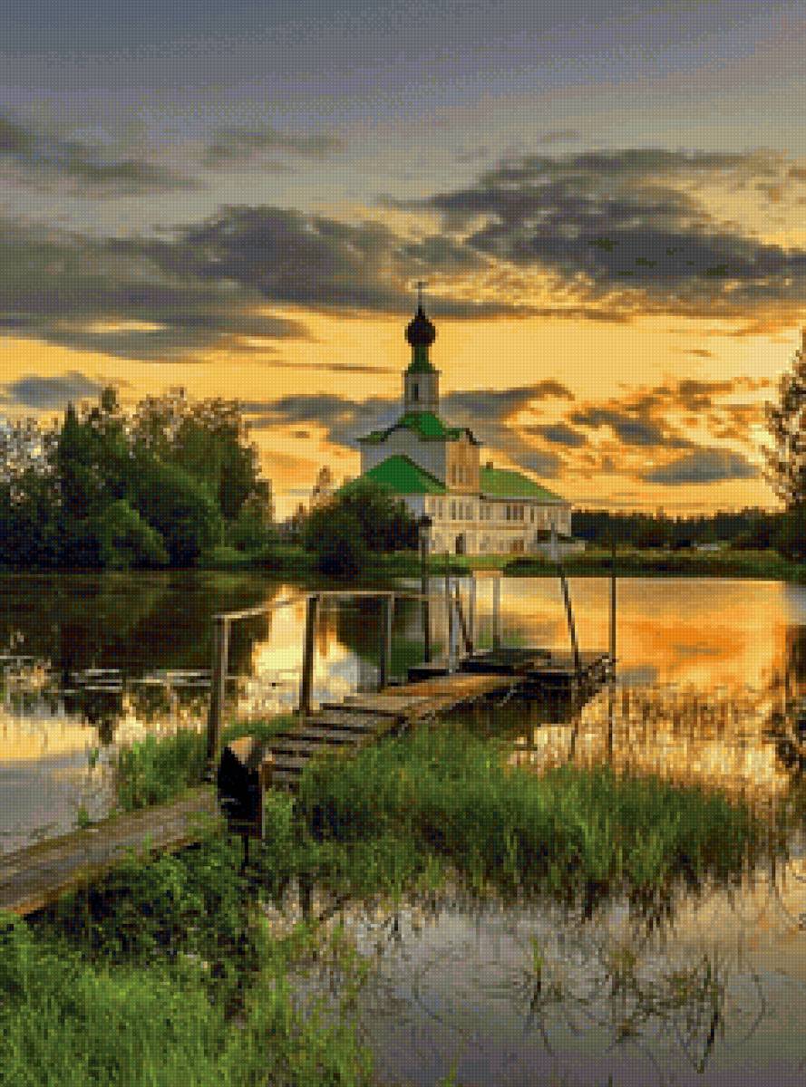 №2370254 - храм, река, пейзаж, закат - предпросмотр