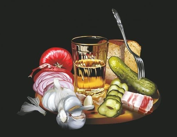 "Мужской натюрморт" художник Алексей Оглушевич - водка, огурец, мужчина, натюрморт, сало - оригинал