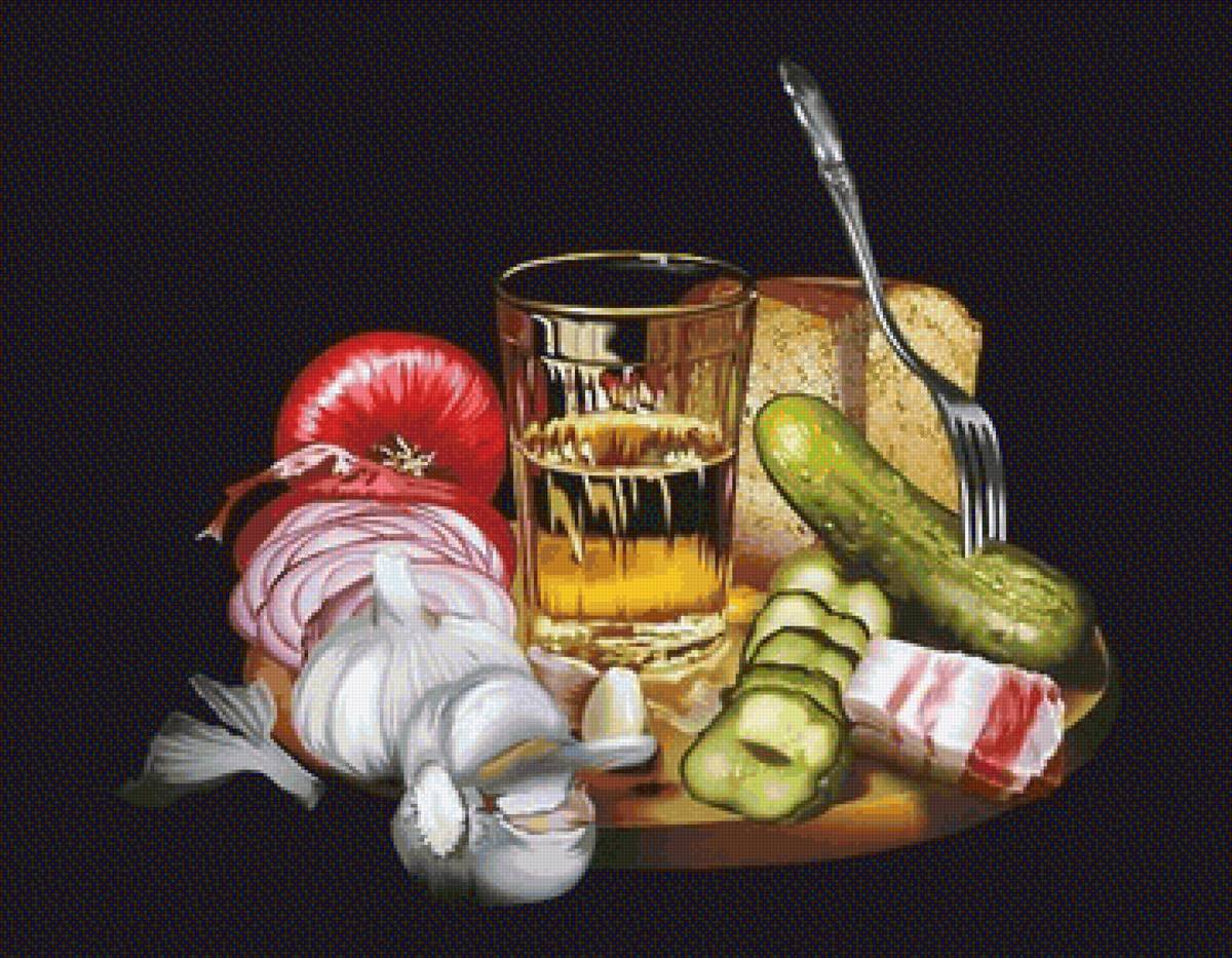 "Мужской натюрморт" художник Алексей Оглушевич - огурец, натюрморт, водка, мужчина, сало - предпросмотр