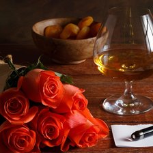 Схема вышивки «a roses bouquet besides a glass of wine and a ticket»