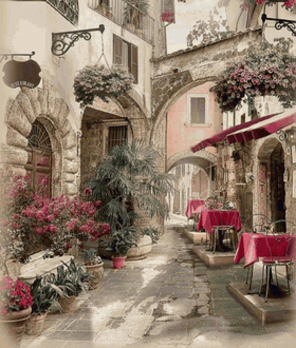 Старая улочка - улица, кафе, цветы, дом - предпросмотр