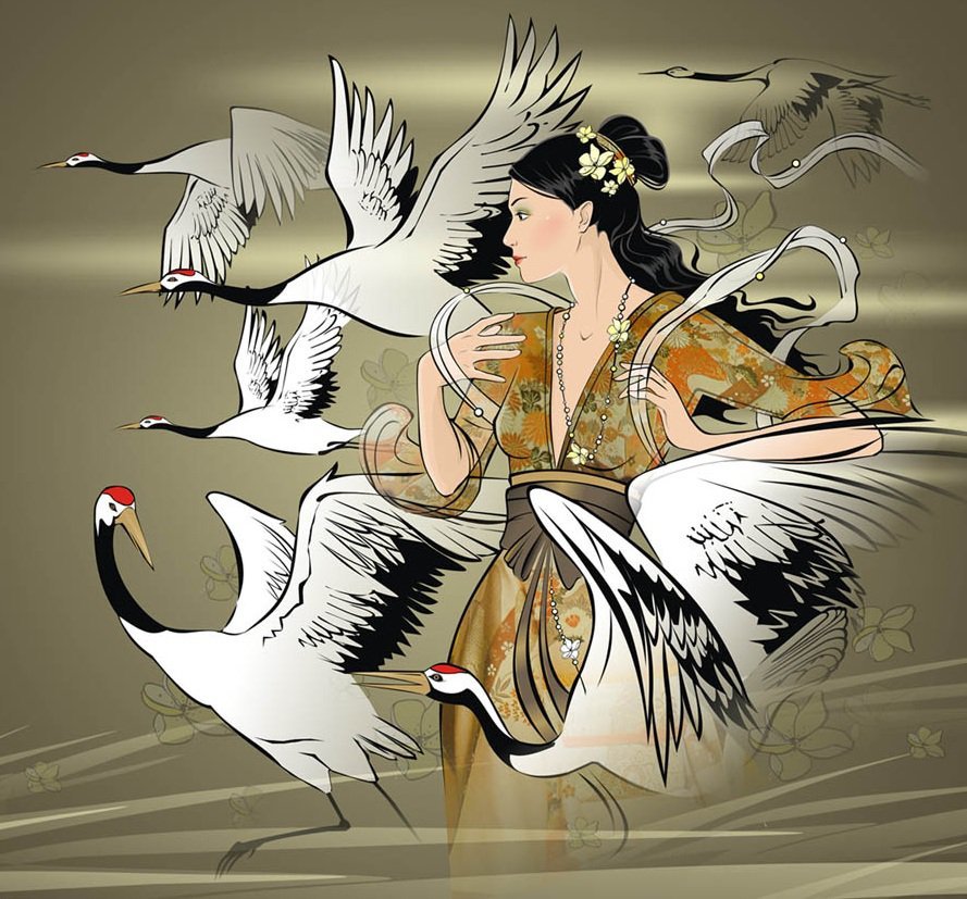 Девушка и журавли - японка, девушка, женщина, птицы, журавли - оригинал